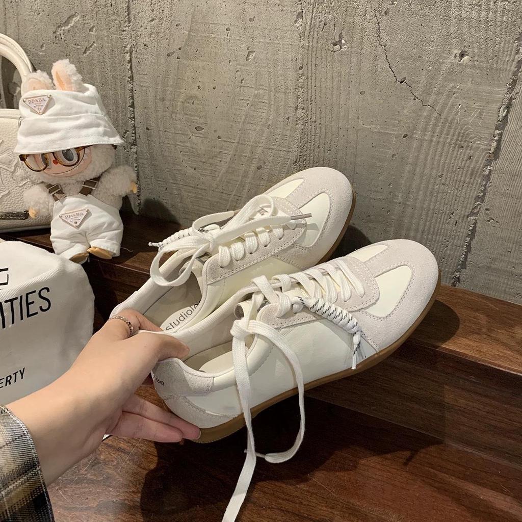 Women's Comfortable Genuine Leather Lace-Up Color Block Round Toe Height-Increasing Casual Sneakers