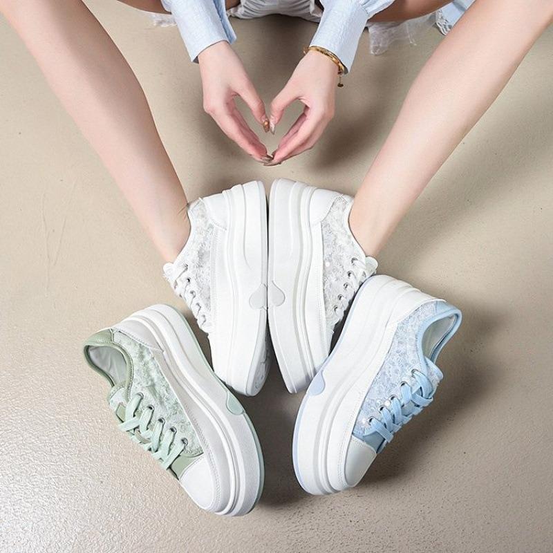 Rubber Women's Shoes Spring Four Seasons New Shoes Lace-up Beige Light Blue Green Single Shoes Increase Height and Breathability