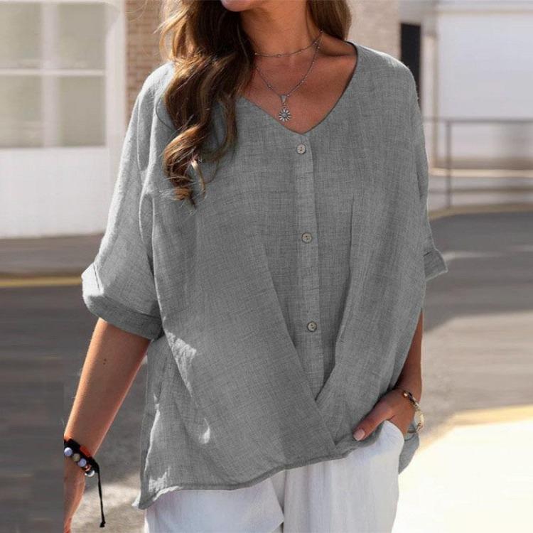 Women's Casual Loose Fit Short Sleeve V Collar Cotton Linen Shirt Top