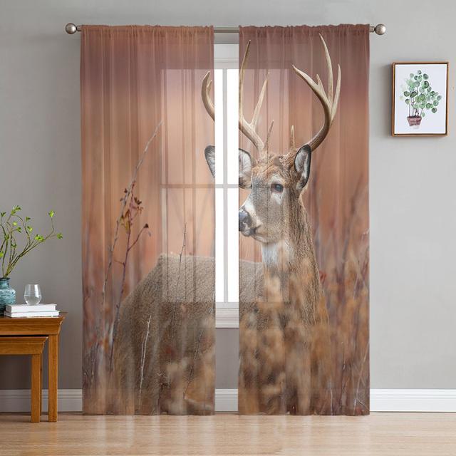 Deer Autumn Winter Forest Modern Sheer Curtains For Living Room Bedroom Tulle Curtains Window Voile Curtain Kitchen Hotel Decor