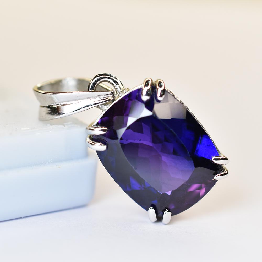 Natural Purple Sapphire Pendant 26.30 ct Cushion 925 Sterling Silver September Birthday Birthstone