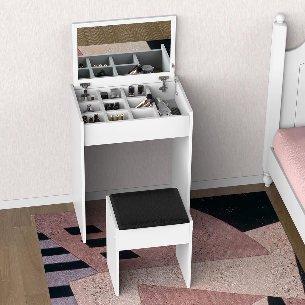 Tocador de Maquillaje con Espejo Plegable, Tocador de Maquillaje Moderno, con Taburete, Compartimento de Almacenamiento con 10 Secciones, MDF Blanco, 60.2 x 40.2 x 79cm