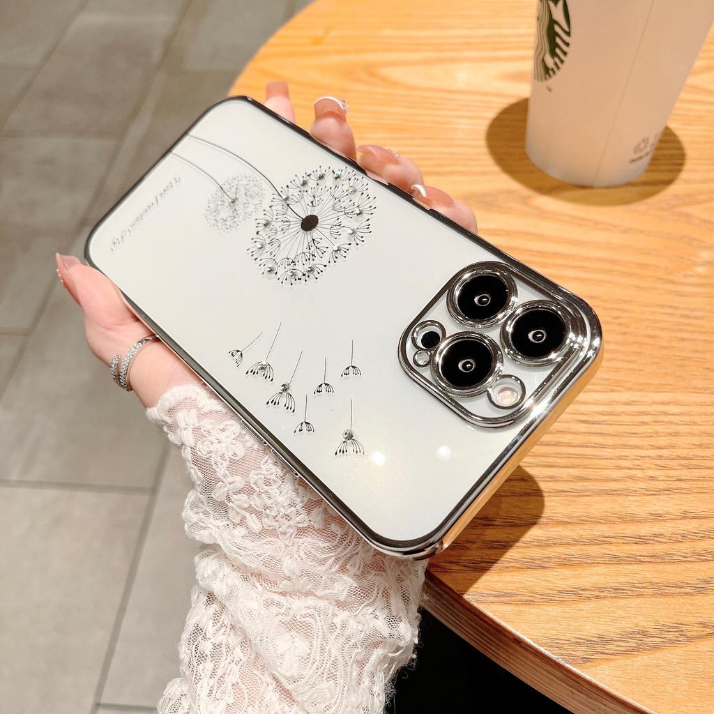Suitable for IPhone16 Cases with Gradient Glitter, 15 Electroplated Dandelion Dot Diamond, and Transparent Tpu Soft for Apple 14pro