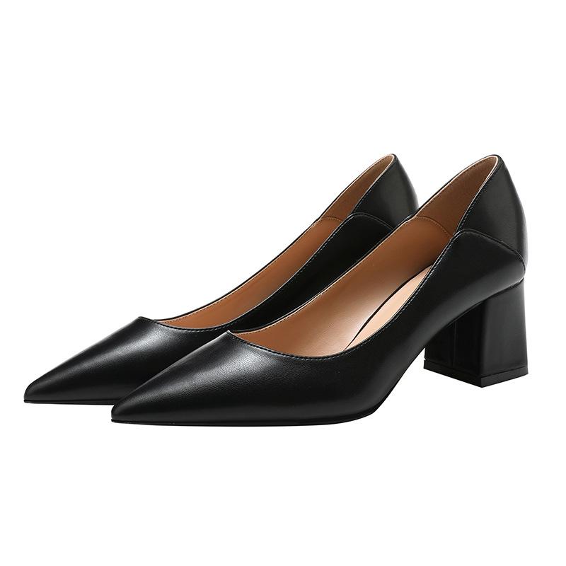 Autumn new pointed high heels women's 5cm thick heel soft leather surface two wear professional daily large size single shoes