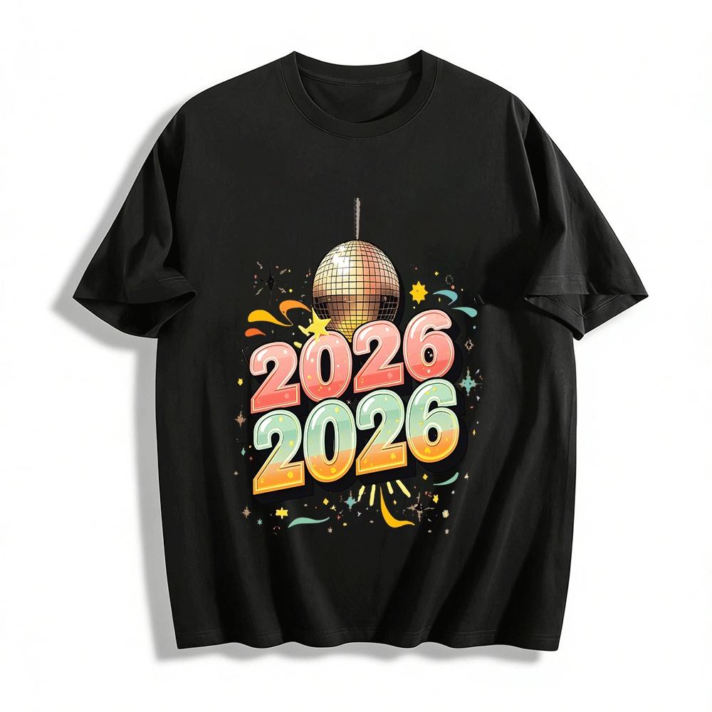 2026 Disco Style New Year Themed Print Casual Crewneck Top Pure cotton T-shirt XXS