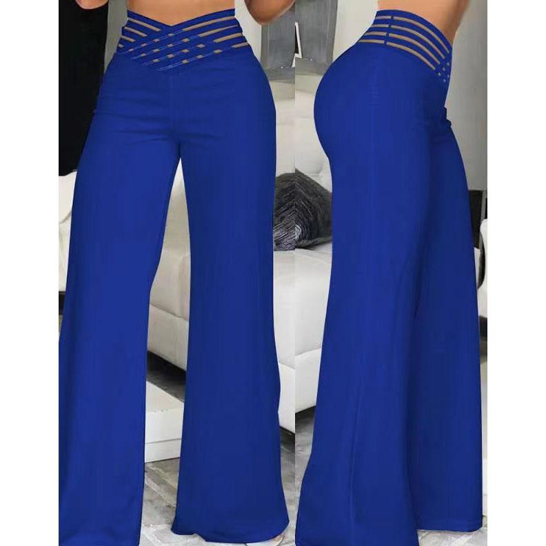 Women Elegant Work High Waist Trousers Autumn Casual Crisscross Sheer Mesh Patch Women Wide Leg Flared Pants Plus Size