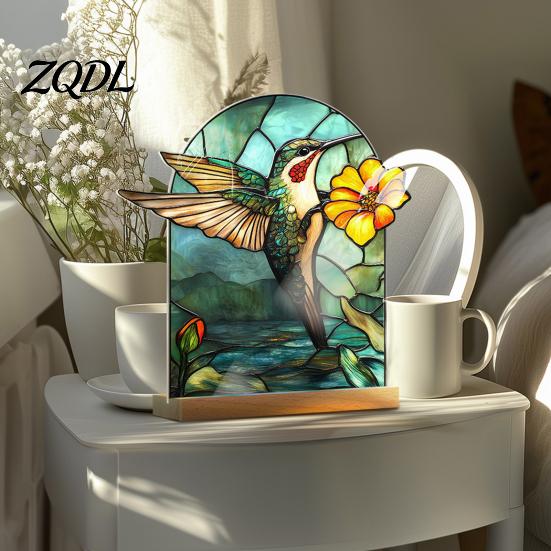 Artistic Tabletop Accents Stained Glass Style Acrylic Table Centerpieces, Floral & Landscape Pattern Exquisite Room Decor Sign with Wood Base for Home