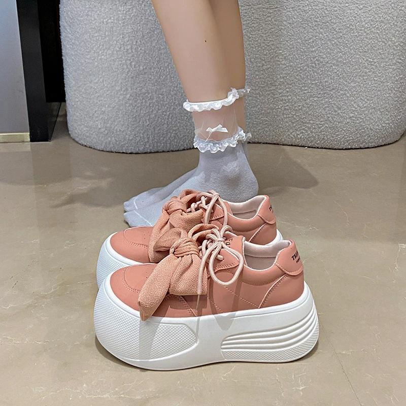 Fashion 8CM NEW Pink Butterfly-knot Womens Sports Shoes Platform Comfortable Kawaii Casual Sneakers Athletic Ladies New Skateboard Shoes