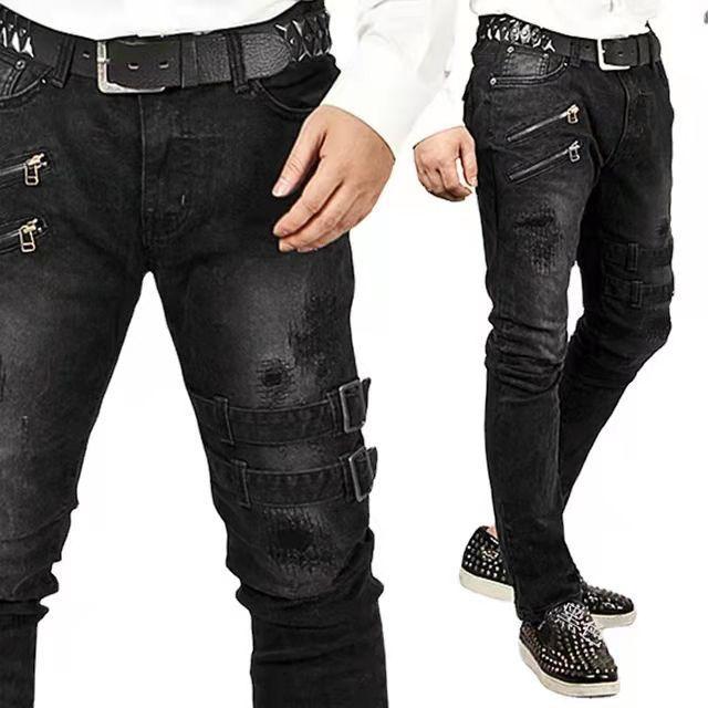Biker Straight Elastic Jeans Men Zipper Hole Streetwear Punk Skinny Denim Cargo Pants Pantalones Clothing