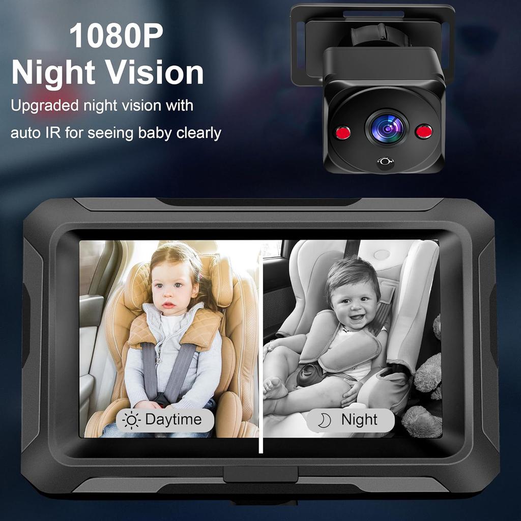 1080P Baby Car Camera, 4.3  Baby Monitor with Night Vision Function and 150 degrees  Wide View Angle, 360 degrees