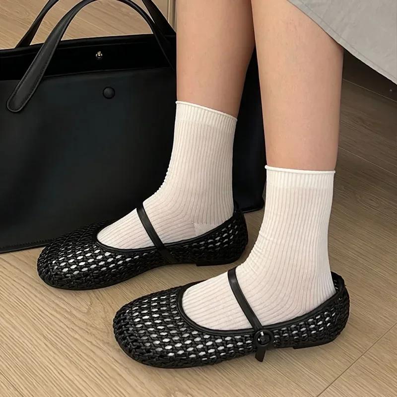Fashion Concise Mesh Woven Design Ballet Flat Shoes Women Fashion Round Toe Buckle Mary Jane Shoe Summer Comfort Soft Bottom Flat Sandal