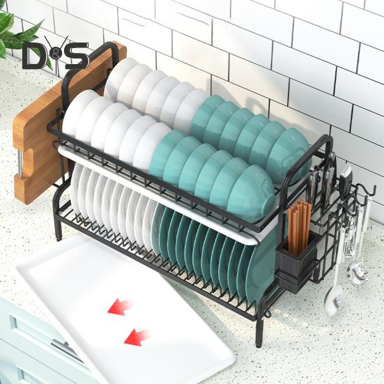 Dish Draining Rack 2-Tier Anti-Slip Feet Holds 17 Plates 18 Bowls Glasses Lunch Boxes Kitchen Countertop Organizer Utensil Holder Cutlery Basket
