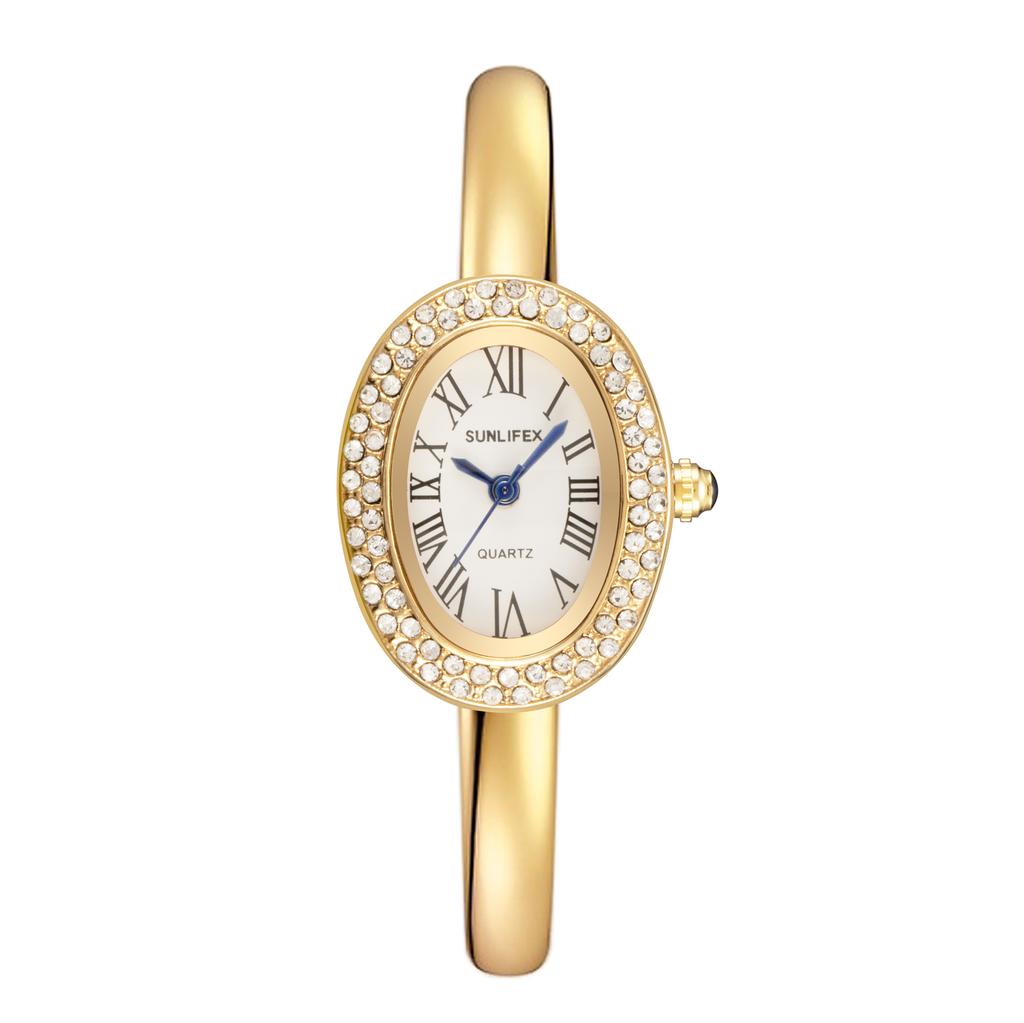 New Luxury Elegant Ladies' Bracelet Wrist Watch Roman Numeral Inlaid Rhinestones Oval Waterproof Women's Quartz Watch Reloj