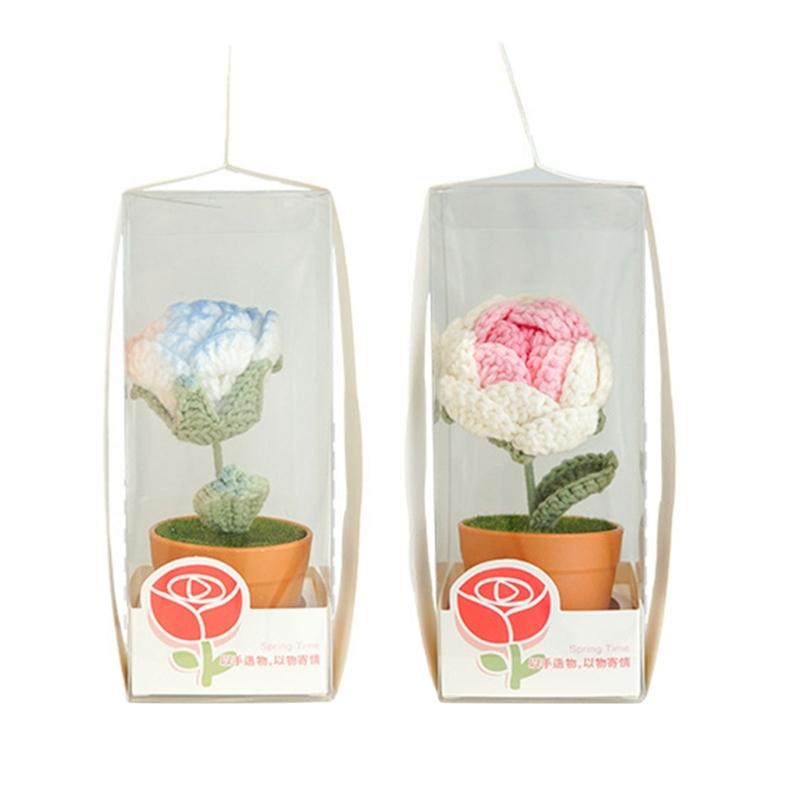 Handmade Woven Flower Potted Artificial Knitted Crochet Tulips Plant Ornaments DIY Material Home Desktop Wedding Decor