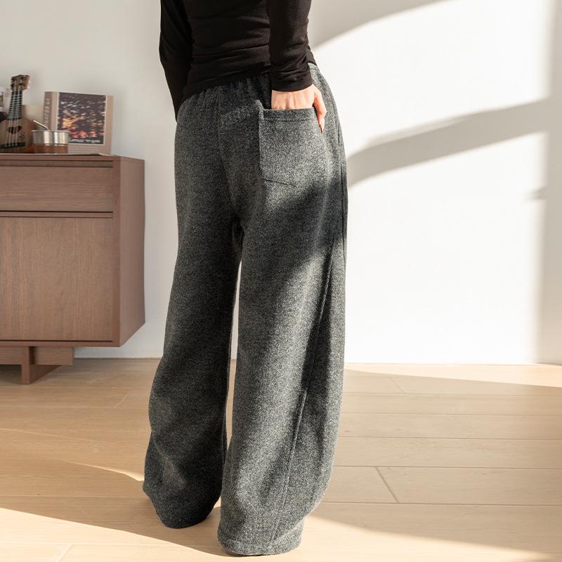 Women's Autumn/Winter 2025 Woolen Flannel Fleece-Lined Pants - Petite, Lazy, Thickened, Wide-Leg, Curved Leg Design.
