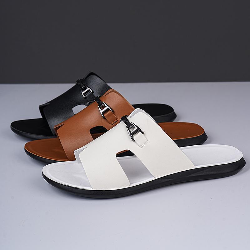 Herren Schwarz Leder Pantoffeln Flach Sommer Braun Sandalen Outdoor Weiß Breite Spitze Strandschuhe für Vater Übergröße 46 47 48