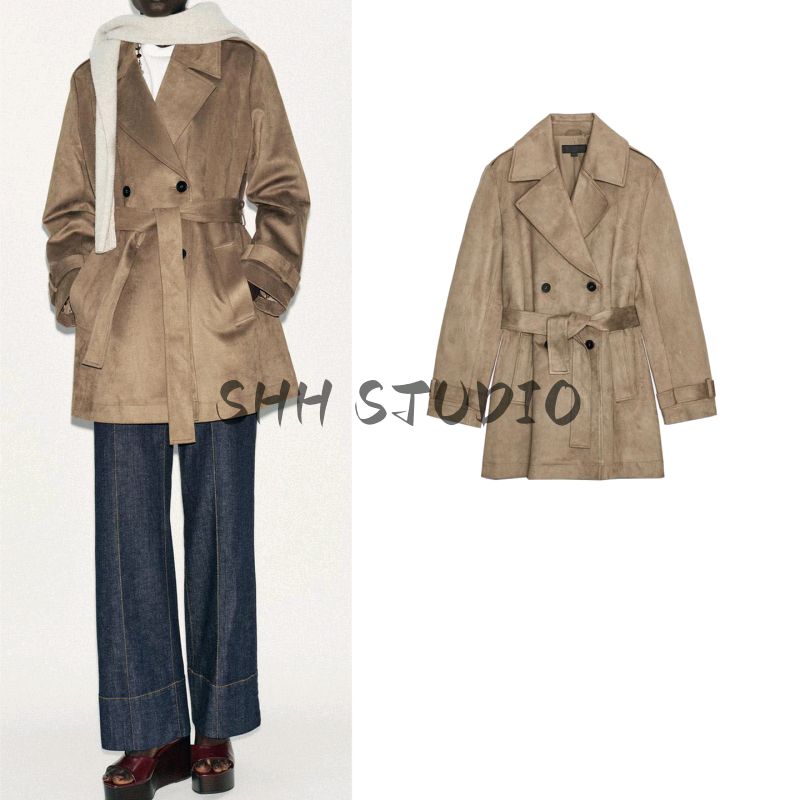 Fall New Women's Clothing Double Breasted Button Long Sleeves Lapel Pocket with Suede Effect Trench Coat 3046279