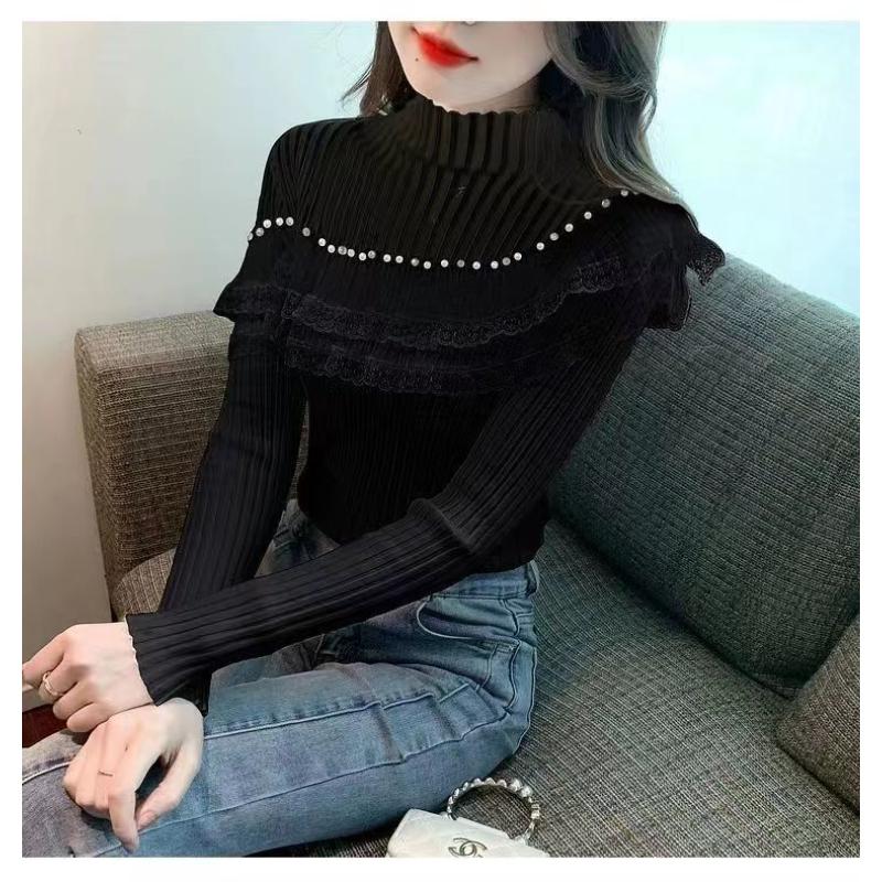 New Style Half Turtleneck Lace Ruffle Patchwork Sweater Feminine Style Studded Top