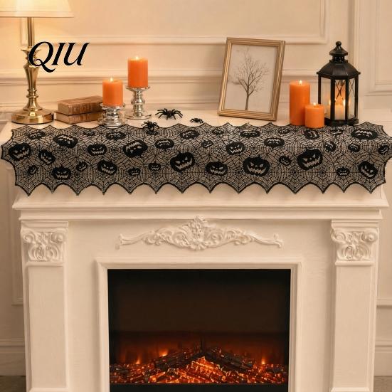 Halloween Table Decor Runner, 70 X 15 Inch Black Lace Spider Web Runner Spooky Gothic Pumpkin Dinner Decoration for Kitchen Decor, Party Supplies Dark