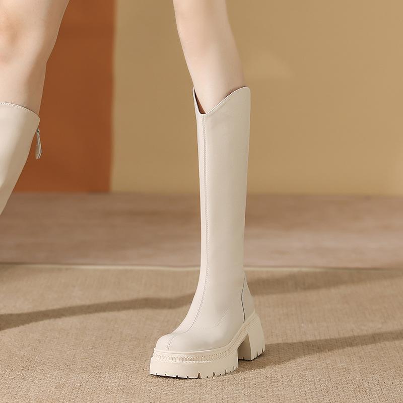 Fleece boots women's winter heightening thin boots women's knight boots thick heel retro boots women's fleece heightening
