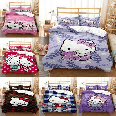 Hello Kitty Kreslený Roztomilý Přikrývka Povlak na peřinu Ložní soupravy Měkký Povlak na deku Povlaky na polštáře Jednolůžko/Dvoulůžko/Queen/King Velikost
