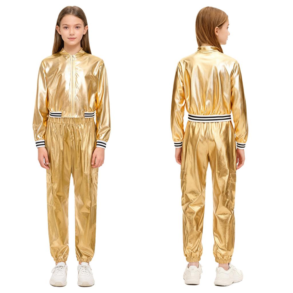 Kids Girls Hip-Hop Jazz Dance Costume Complete Set: Metallic Zipper Jacket & Pants, Stand Collar Long Sleeve Stage Outfit