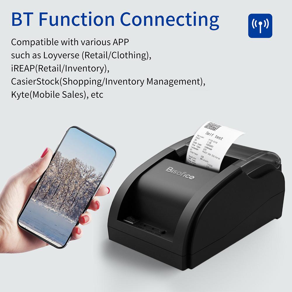 Wireless Barcode Printer USB BT Printer 58mm Desktop Thermal Receipt Printer with 1 Roll Paper Inside Support ESC Command