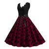 Women Retro 50s Midi Edge Dress V Neck Sleeveless High Waist Lace Up Tight A Line Loose Hem Flower Bow Decor Dot Print