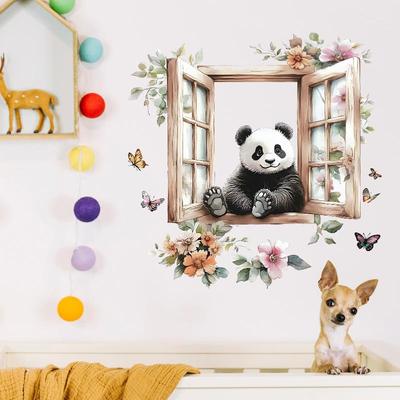 Panda Flower Butterfly Wall Sticker For Kids Room Background Deco Wallpaper Bedroom Home Decoration Self-Adhesive Cartoon Decals