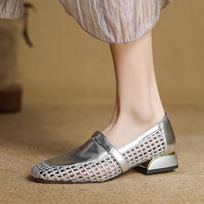 Fashion 2025 Retro Women Trend Summer Hollow Flat Shoes Genuine Leather Lady Round Closed Toe Low Heel High Heels Women Shoes for Women