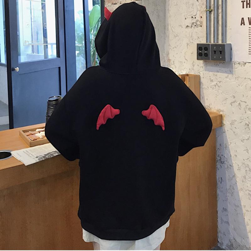 

Толстовки Harajuku для девочек, маленькие дьявольские рога, готические толстовки с капюшоном, женские свободные пуловеры с крыльями демона, карманные топы, уличная одежда XXL чёрный