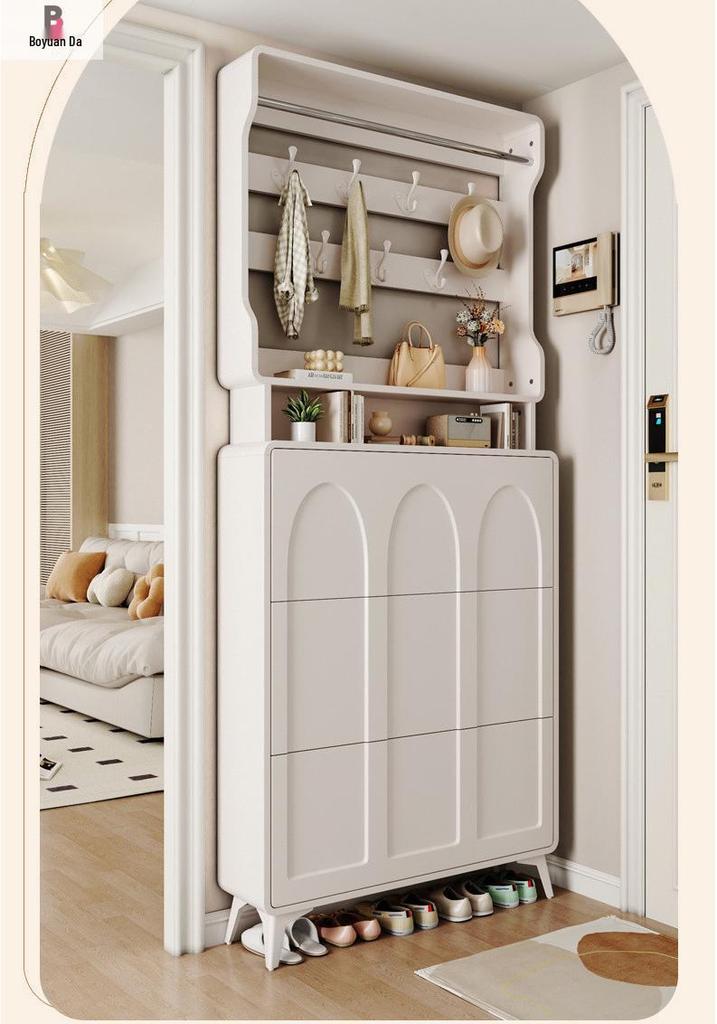 Ultra-Thin Flip-Top Shoe Cabinet & Coat Rack for Entryway Hallway Storage