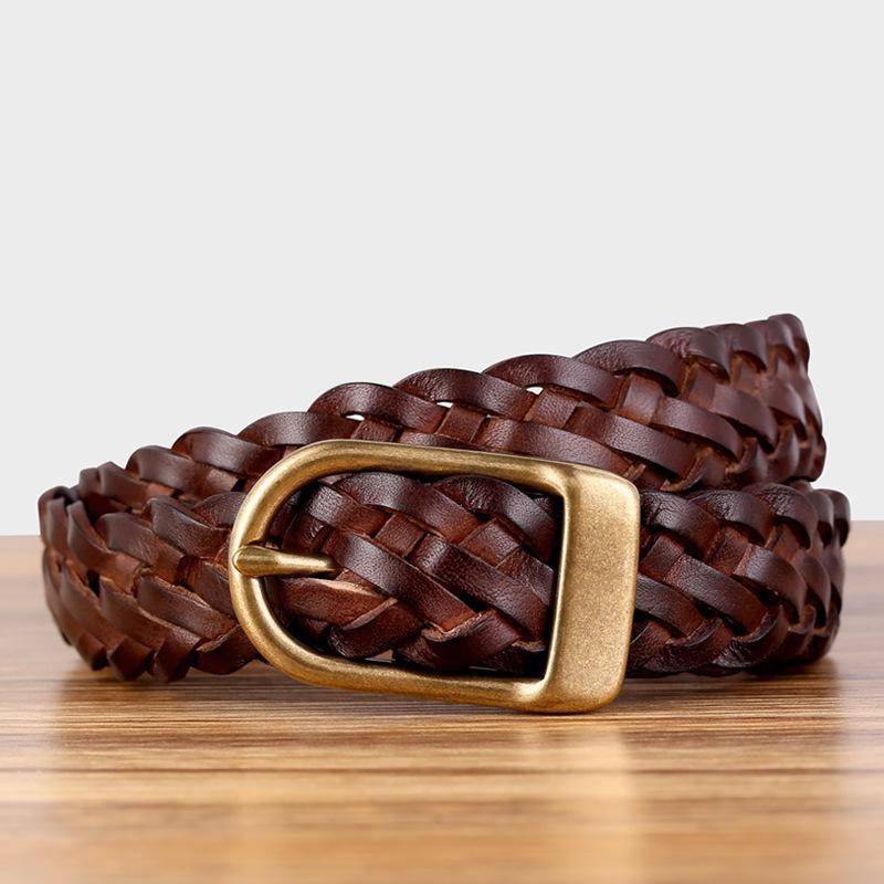 

Ремень из плетеной коровьей кожи ручной работы, кожаный ремень, простой ретро-ремень, женский 80-100cm темно-коричневого