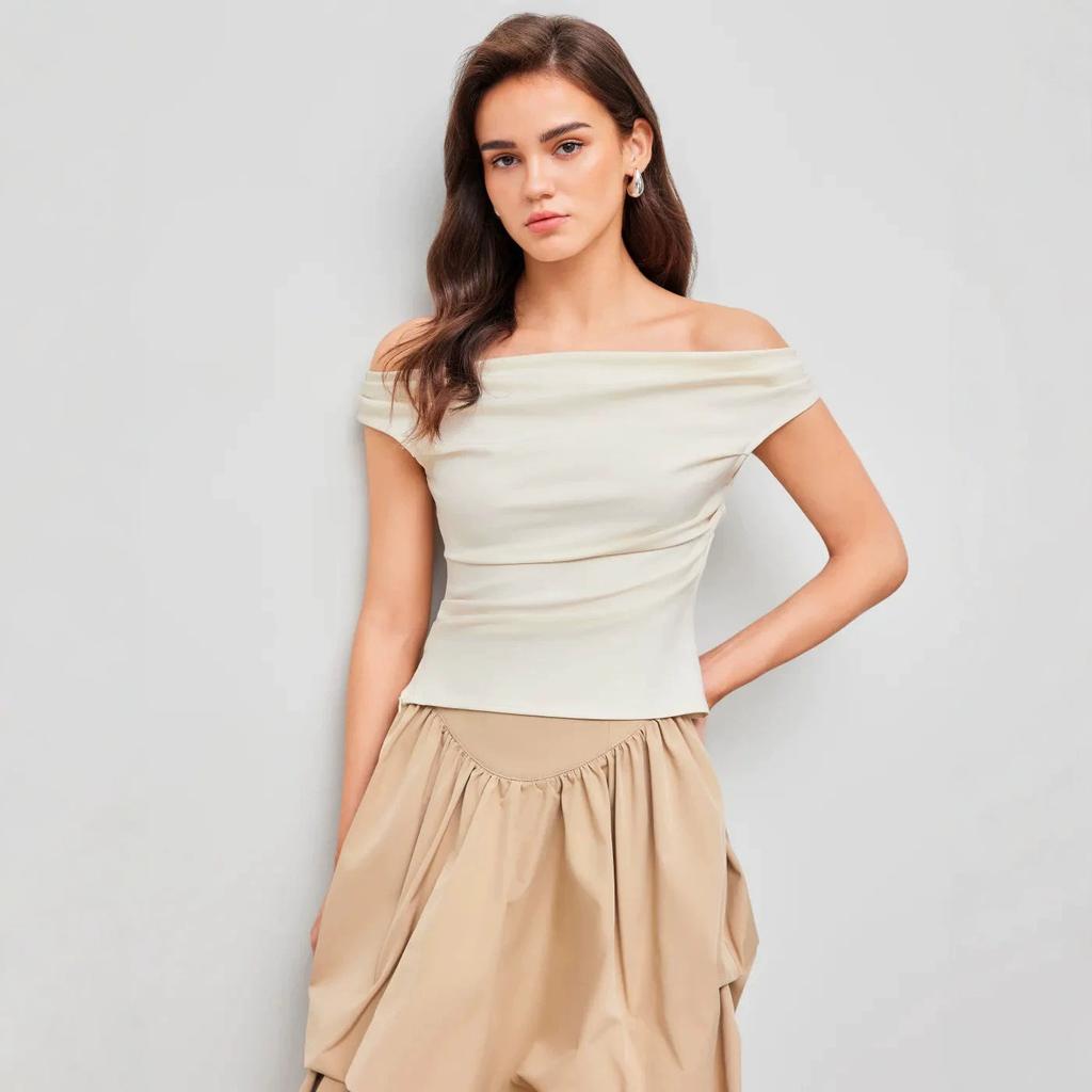 Top Corto Fruncido Hombros Descubiertos Y2K Mujer Liso Ajustado Tipo Tubo Camiseta Sexy Chica Picante Hombros Descubiertos Blusa Elegante para Citas Ropa de Calle Verano