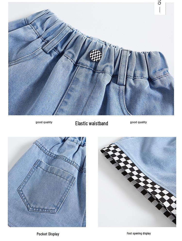 Girls' Summer Checkerboard Denim Shorts - Trendy & Lightweight