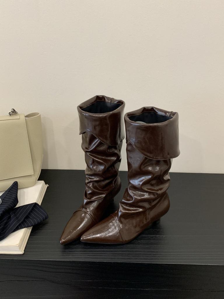 European and American Spice Girls Style Patent Leather Pointed Pleated Pile Boots Women's 2025 Autumn and Winter New Trendy Two Wear Low Heel High B