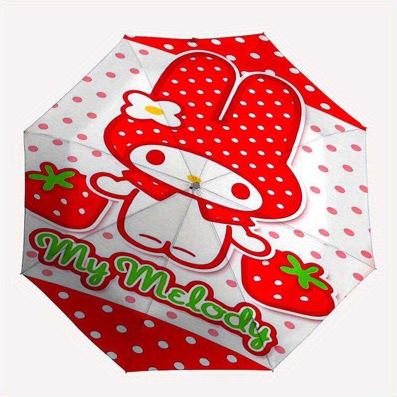 My Melody,Strawberry Automatic Folding Umbrella Simple 8 Rib Design, Bright Cartoon Pattern, Durable Iron Frame, Suitable For Travel, Outdoo