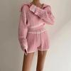 Spring Autumn Fried Dough Twists Knitwear Large Lapel Short High Waist Drawstring Waist Contrast Color Shorts Set Suits & Sets Women’s