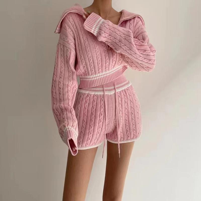 Spring Autumn Fried Dough Twists Knitwear Large Lapel Short High Waist Drawstring Waist Contrast Color Shorts Set Suits & Sets Women’s