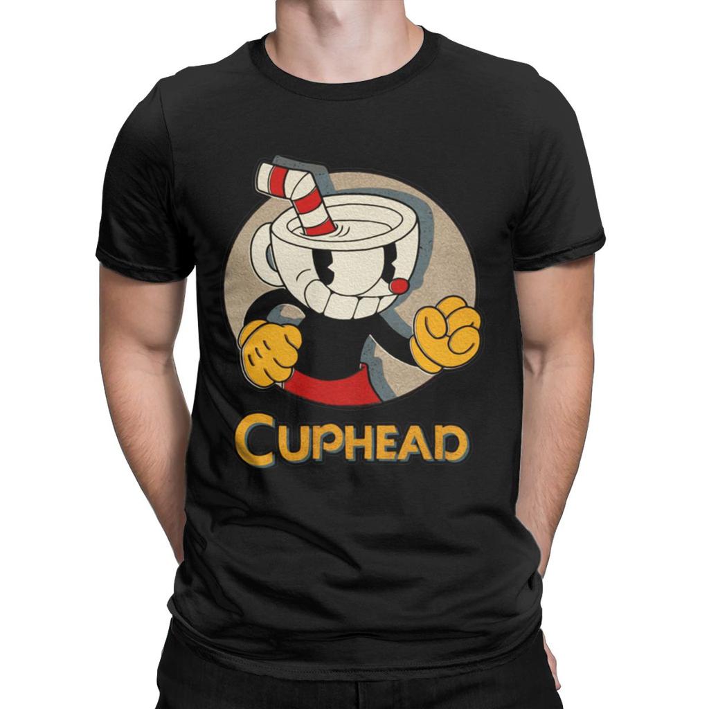 Creative Cuphead And Mugman Angry T-Shirt for Men Crew Neck Pure Cotton T Shirts Retro Games Short Sleeve Tee Shirt Clothing