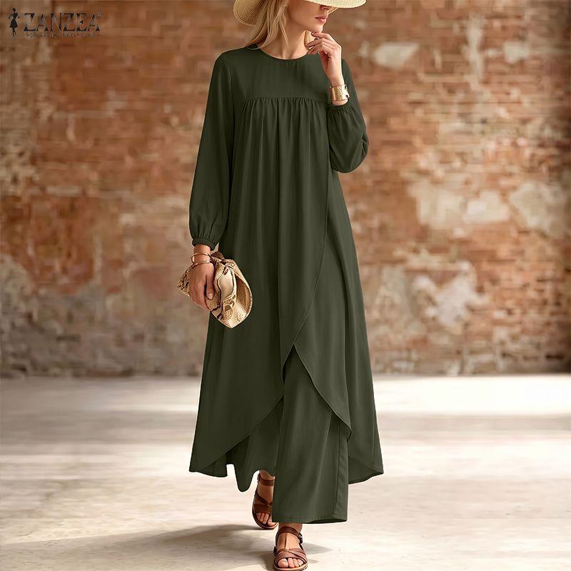 ZANZEA Women Elegant Long Blouse With Elastic Waist Long Pants Casual Two Piece Suit Sets