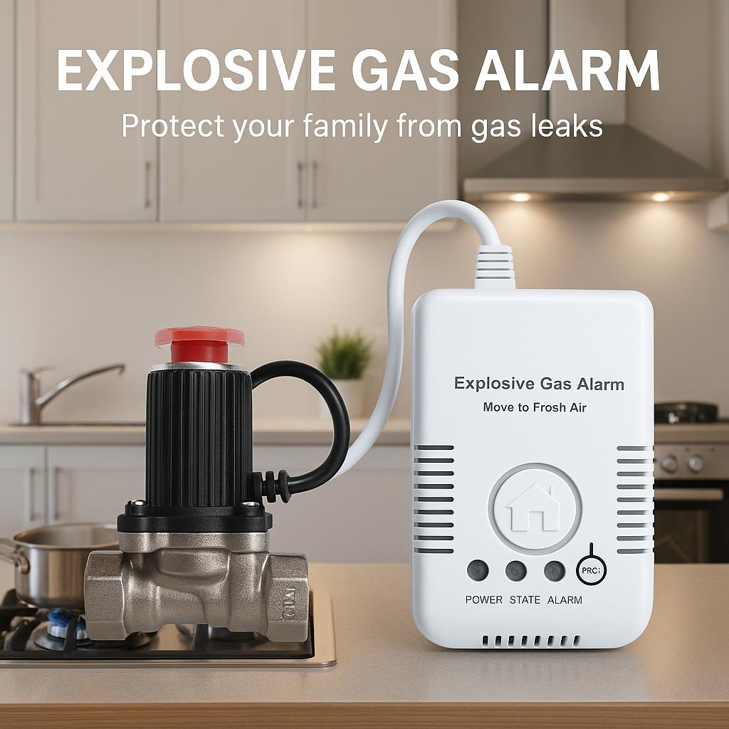 EU/US Plug Gas Leak Alarm Detector with DN15 Copper Valve | Natural Gas LPG Methane Sensor with Auto Shut Off