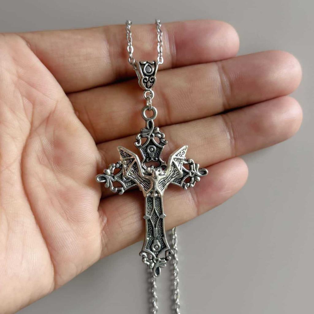 Baroque Bat Pendant Necklace, Gothic Cross Pendant, Vintage Bohemian Necklace, 80s Style Jewelry