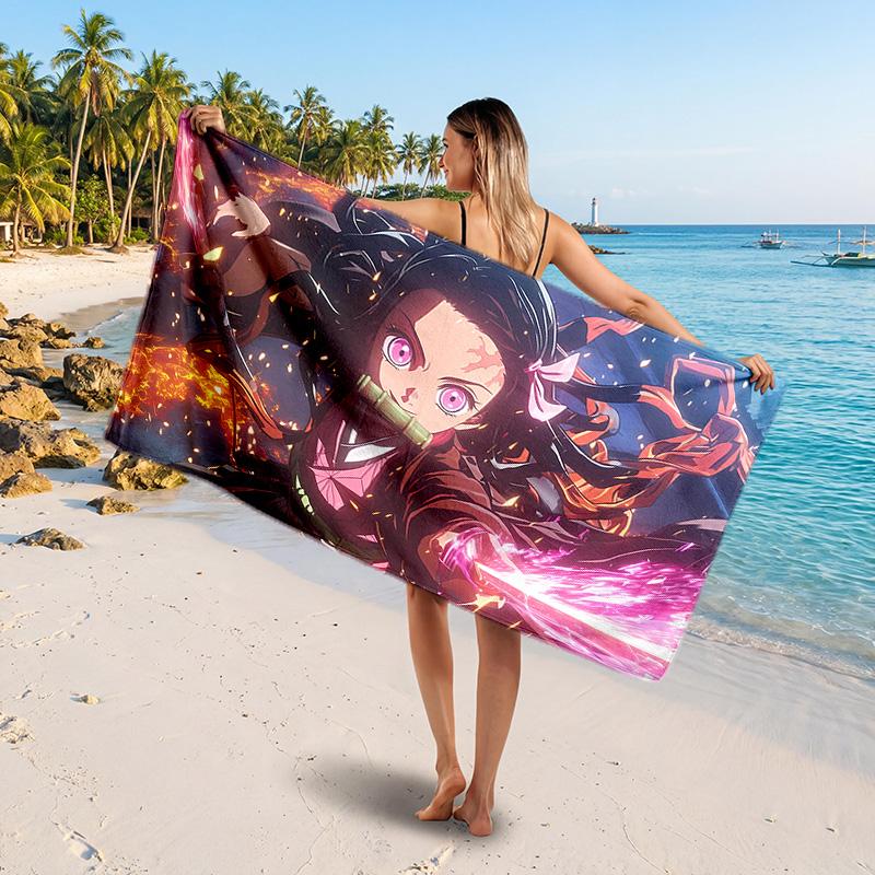 Nezuko Kamado Printed Swim Towel, Portable Water Absorbent Towel for Beach Camping Daily Bathroom Use