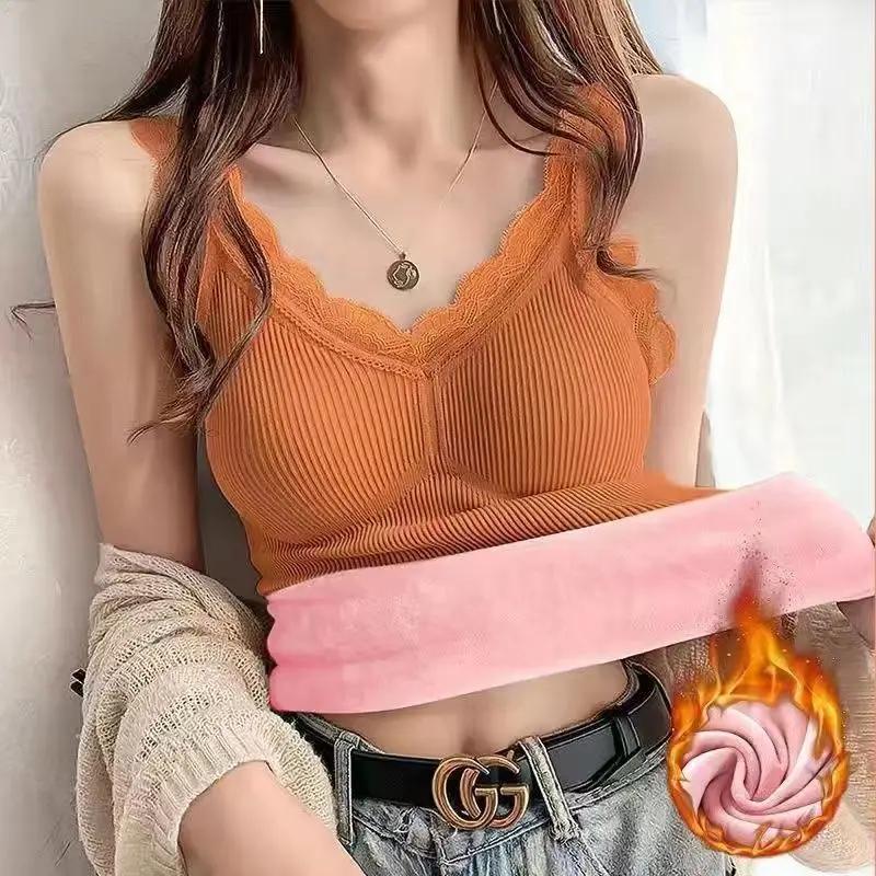 Thermal Underwear Inner Vest For Women Warm Winter Sexy Lace Sleeveless Tank Tops Padded Bra Thermo Thick Slimming Undershirt