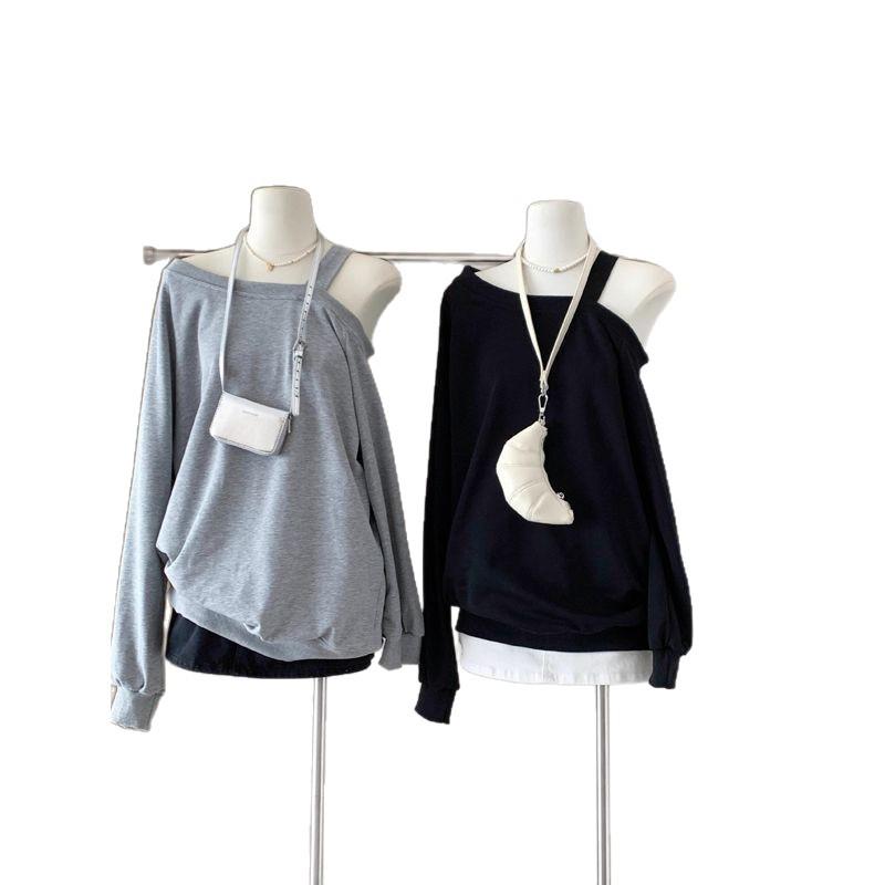 Women's Off-the-Shoulder Gray Sweatshirt 2025 - Loose, Mid-Length, Oversized Top for Spring and Autumn