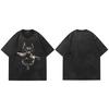 Men Streetwear T Shirt Hip Hop Oversized T Shirt Doberman Dog Graphic Washed Black Tshirt Cotton Tops Tees