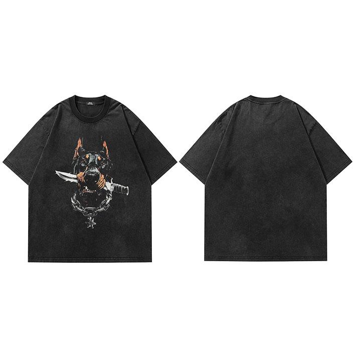 Men Streetwear T Shirt Hip Hop Oversized T Shirt Doberman Dog Graphic Washed Black Tshirt Cotton Tops Tees S