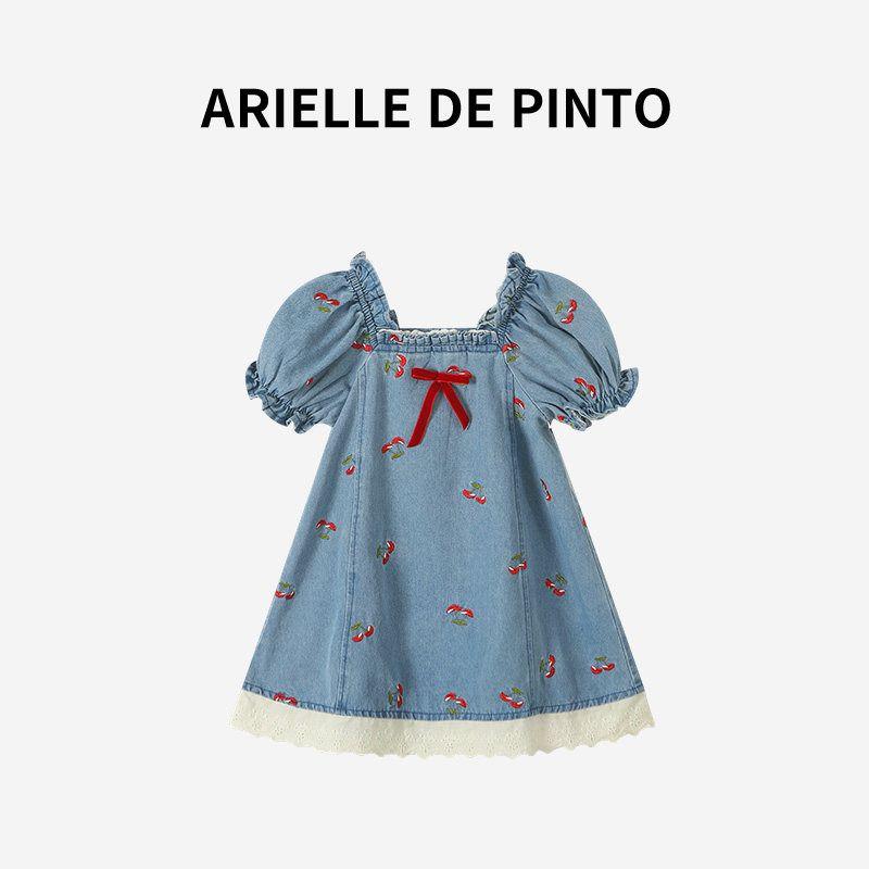 French Arielle De Pinto Girls  Dress Summer New Style Cherry Embroidered Denim Dress French Style Blue 90