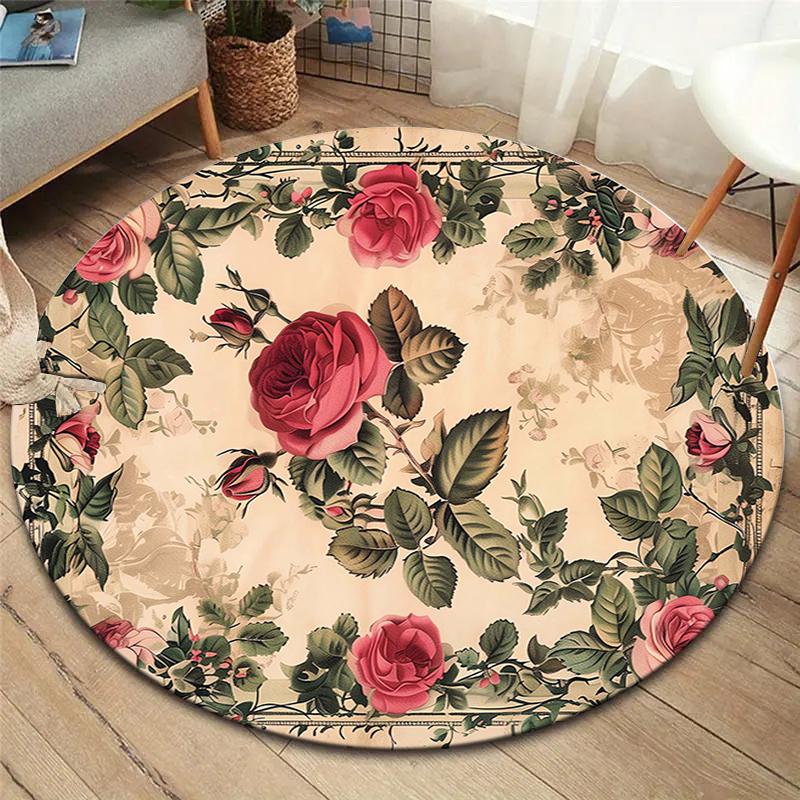 Retro Flowers Round Area Rug,Carpet Rug for Living Room Bedroom Sofa Playroom Decor,Non-slip Floor Mat